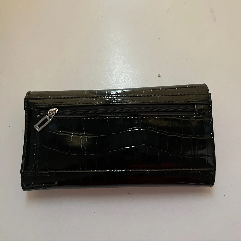 Guess Black Croc-Embossed Wallet with Silver Logo Clasp – 7” Width